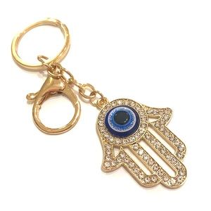 Gold Tone Hamsa Hand With Evil Eye Keychain Purse Charm